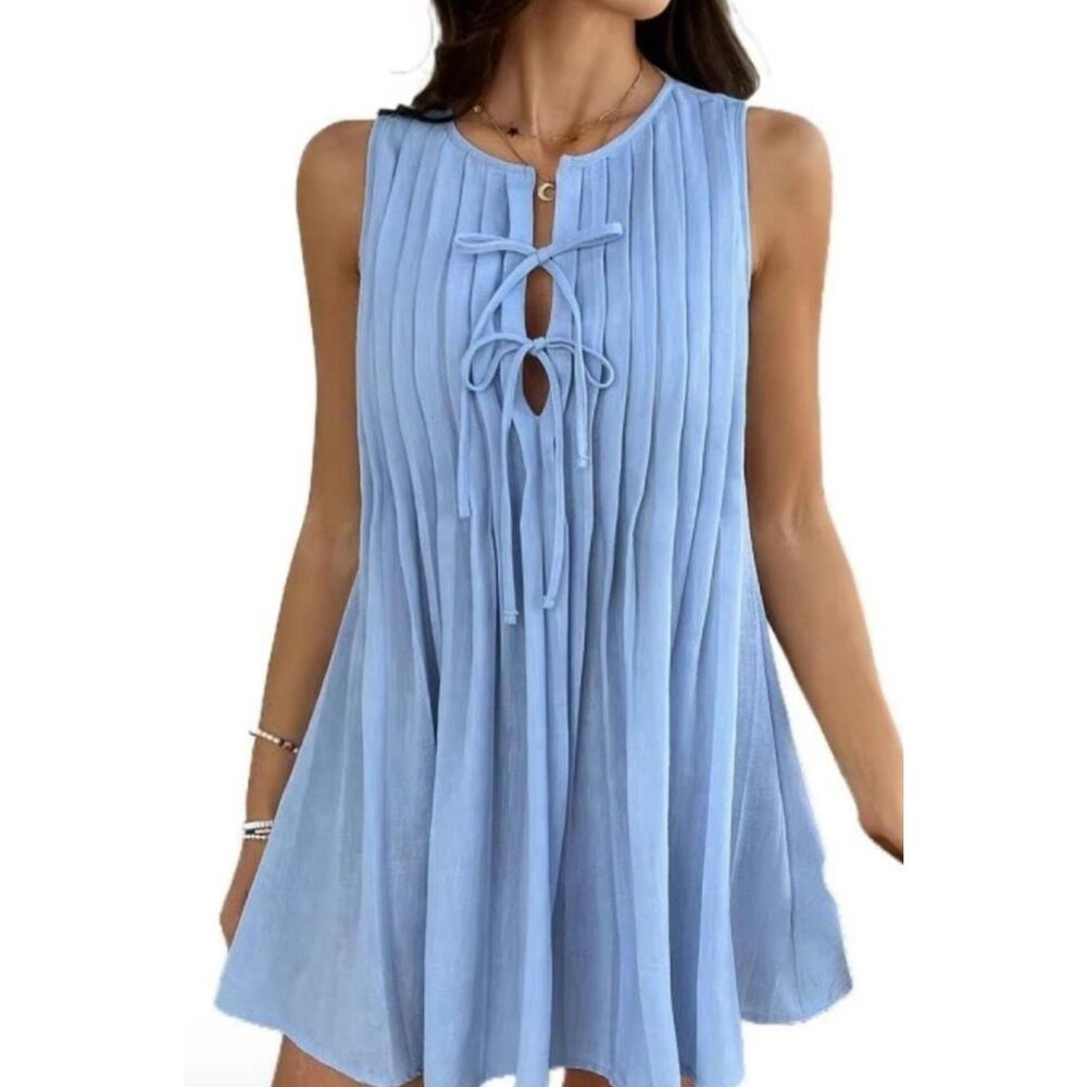 Light Blue Lace-Up Pleated Sleeveless Mini Dress Casual Tie Closure Size Large